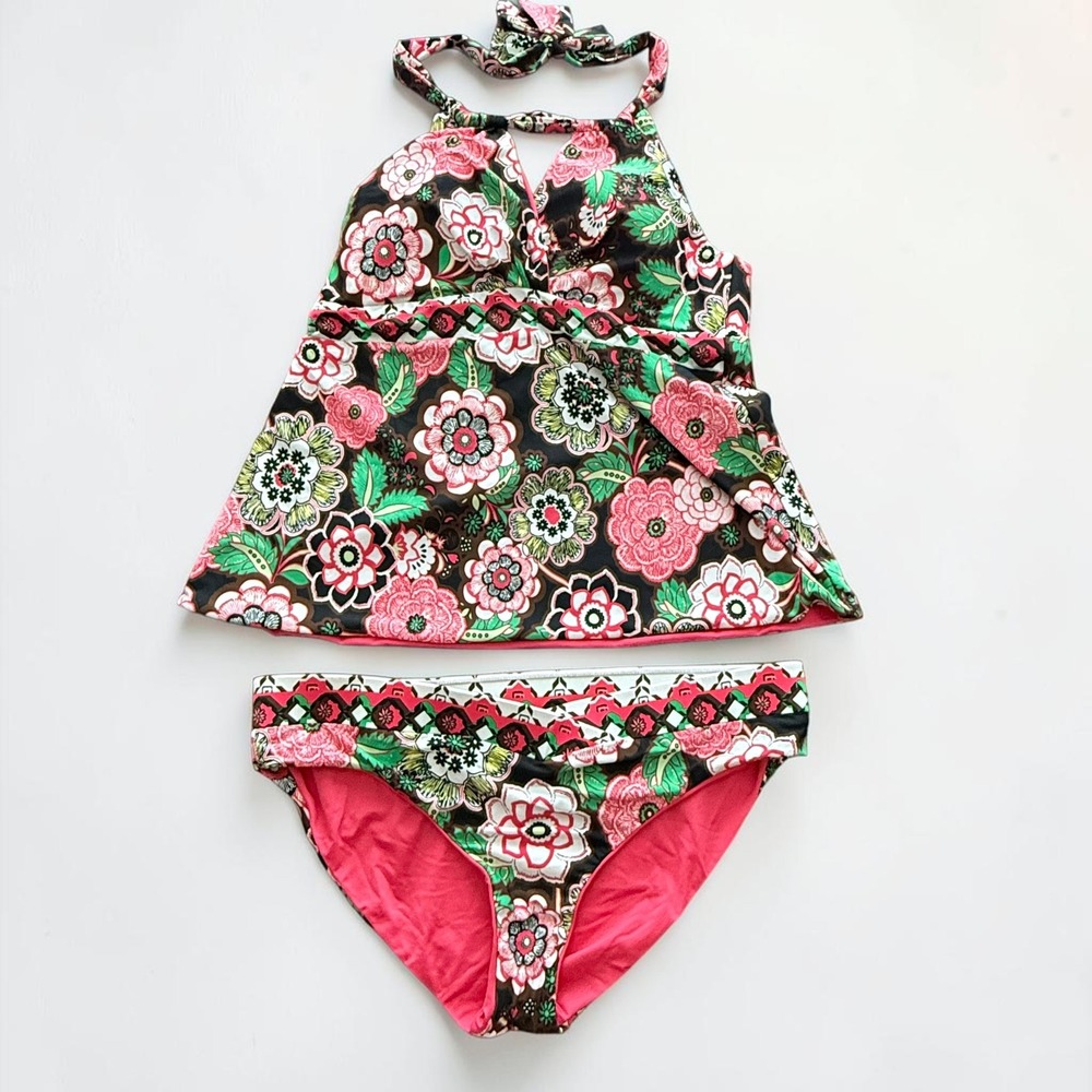 BECCA‎ Rebecca Virtue Floral Tankini Halter Two Piece Swimsuit Boho Reversible